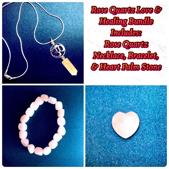Rose Quartz Bundle - Necklace, Bracelet, & Meditation Heart Palm Stone - Picture 2 of 6